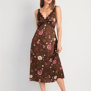 Old Navy satin dress in brown floral.